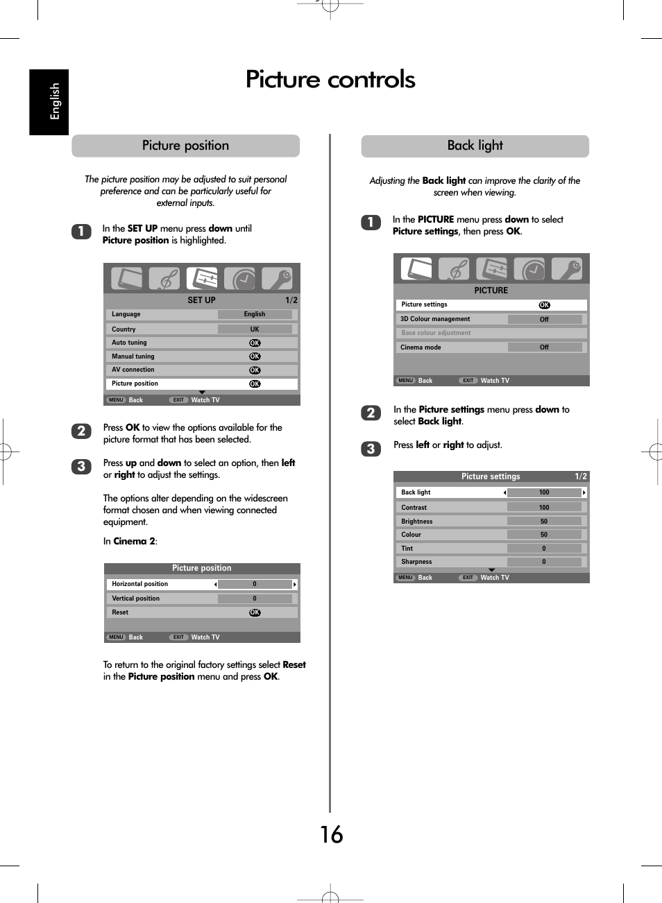 Picture controls, Picture position, Back light | English | Toshiba WL67 User Manual | Page 16 / 28