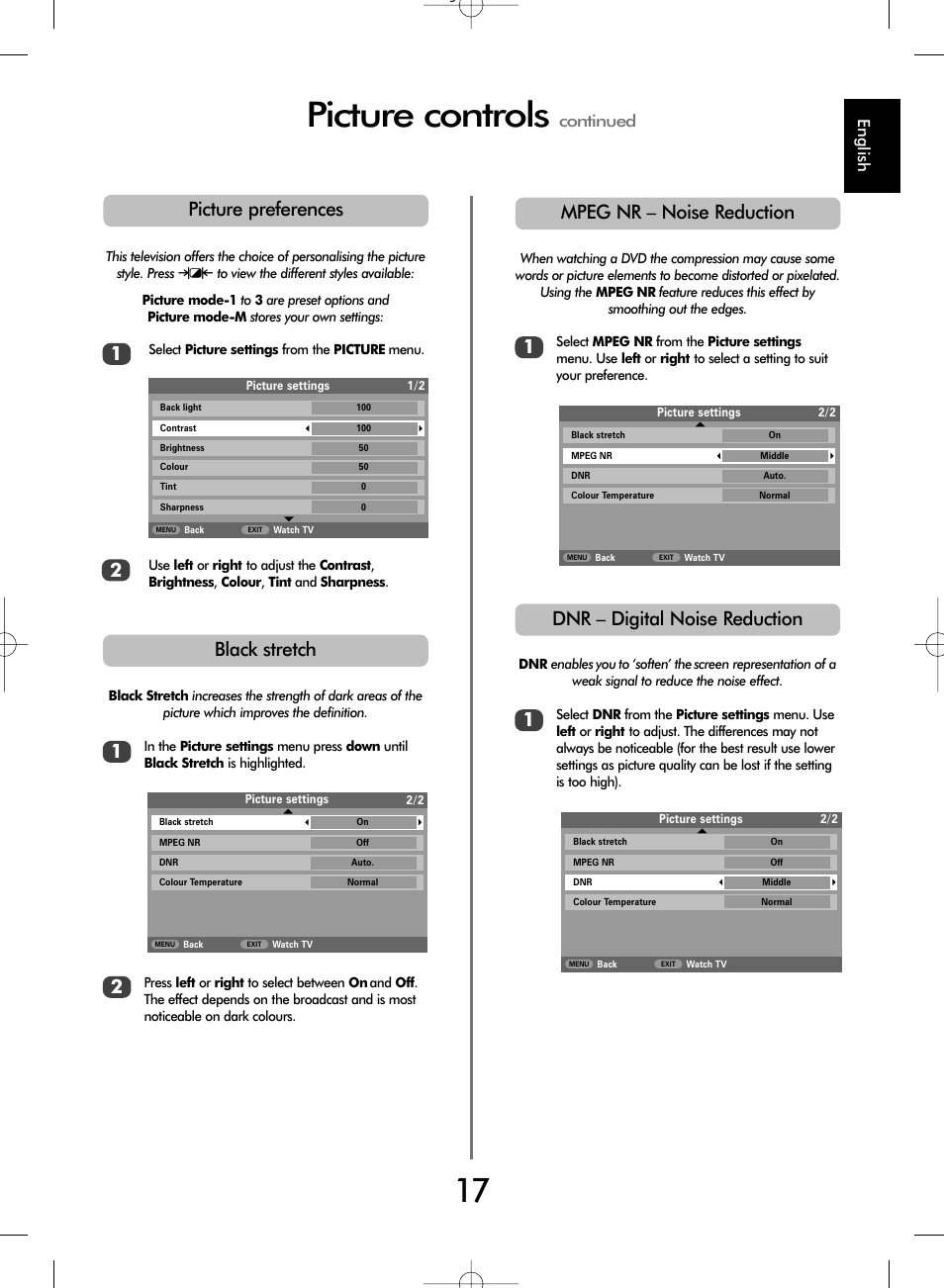 Picture controls, Dnr – digital noise reduction, Mpeg nr – noise reduction | Black stretch, Picture preferences 2, English, Continued | Toshiba WL67 User Manual | Page 17 / 28