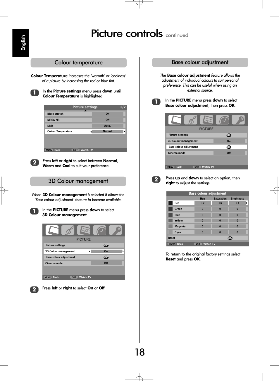 Picture controls, Colour temperature, Base colour adjustment | 3d colour management, English, Continued | Toshiba WL67 User Manual | Page 18 / 28