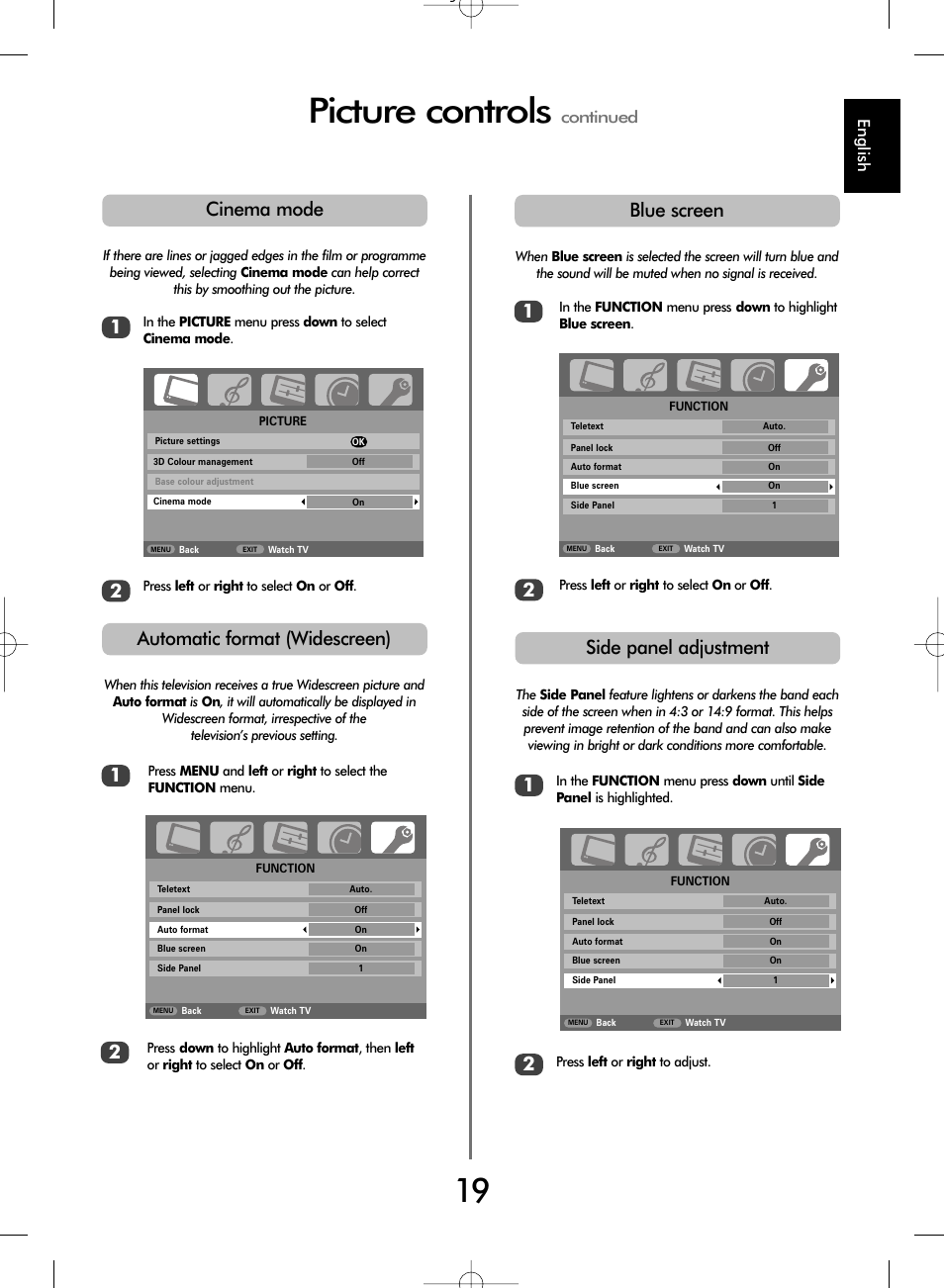 Picture controls, Automatic format (widescreen), Blue screen | 12 side panel adjustment, Cinema mode, English, Continued | Toshiba WL67 User Manual | Page 19 / 28