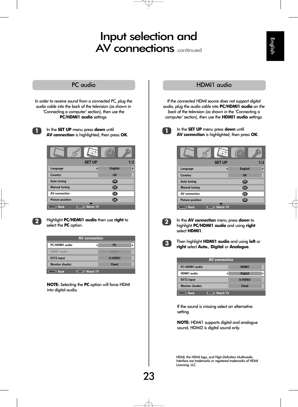 Input selection and av connections, Hdmi audio, Hdmi1 audio | Pc audio, English, Continued | Toshiba WL67 User Manual | Page 23 / 28