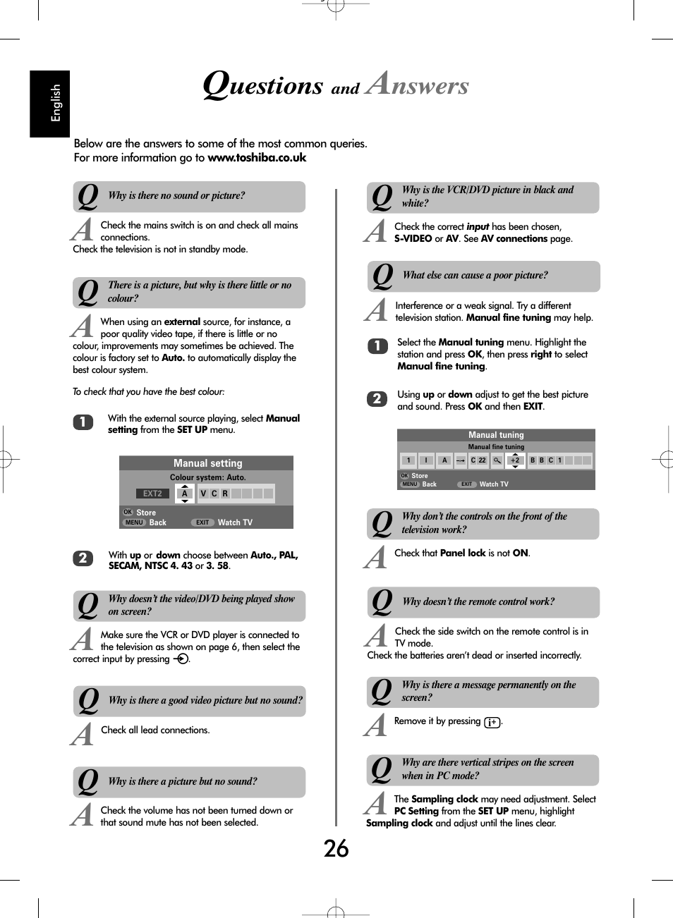 Uestions, Nswers | Toshiba WL67 User Manual | Page 26 / 28