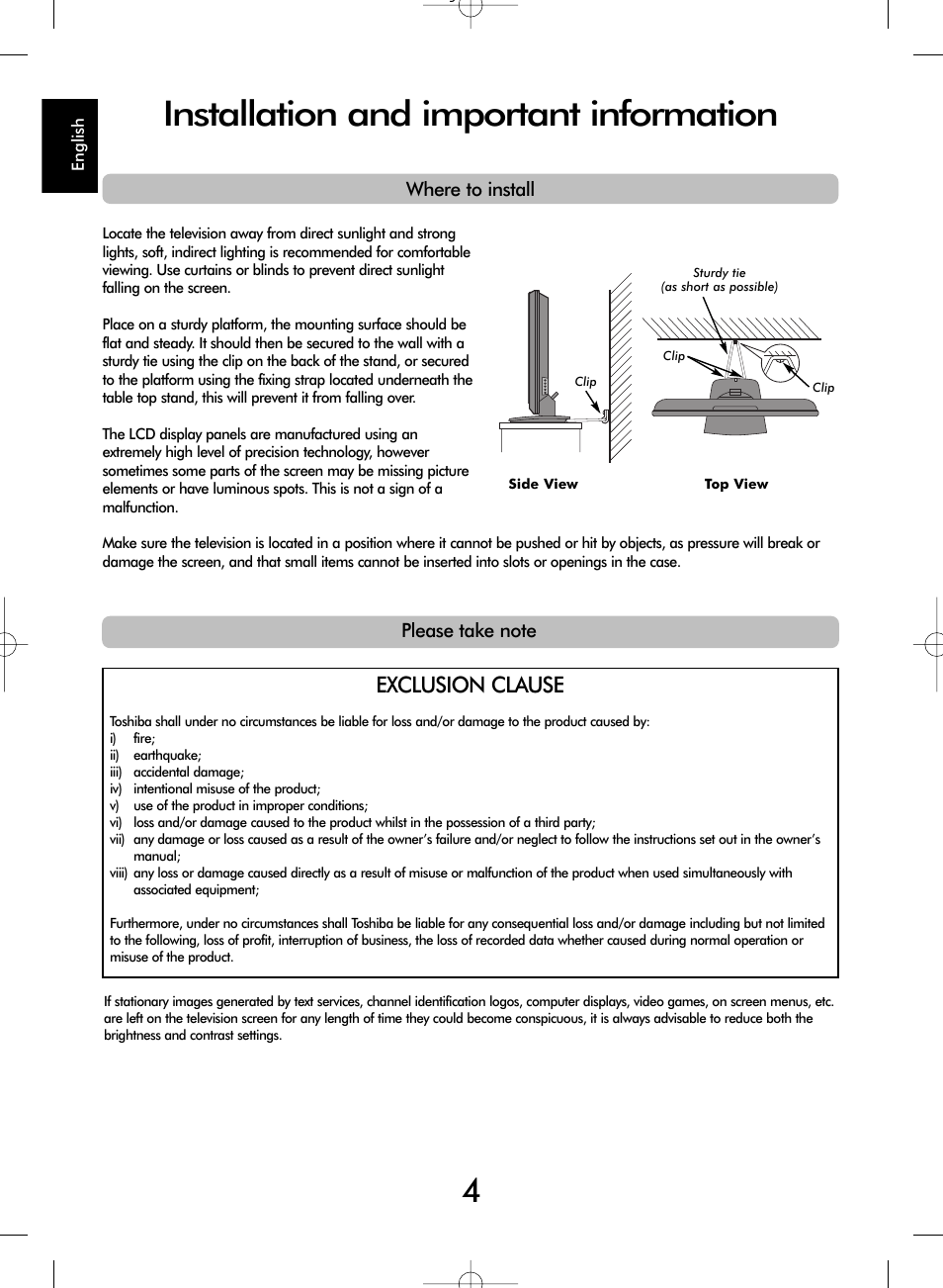 Installation and important information, Exclusion clause | Toshiba WL67 User Manual | Page 4 / 28