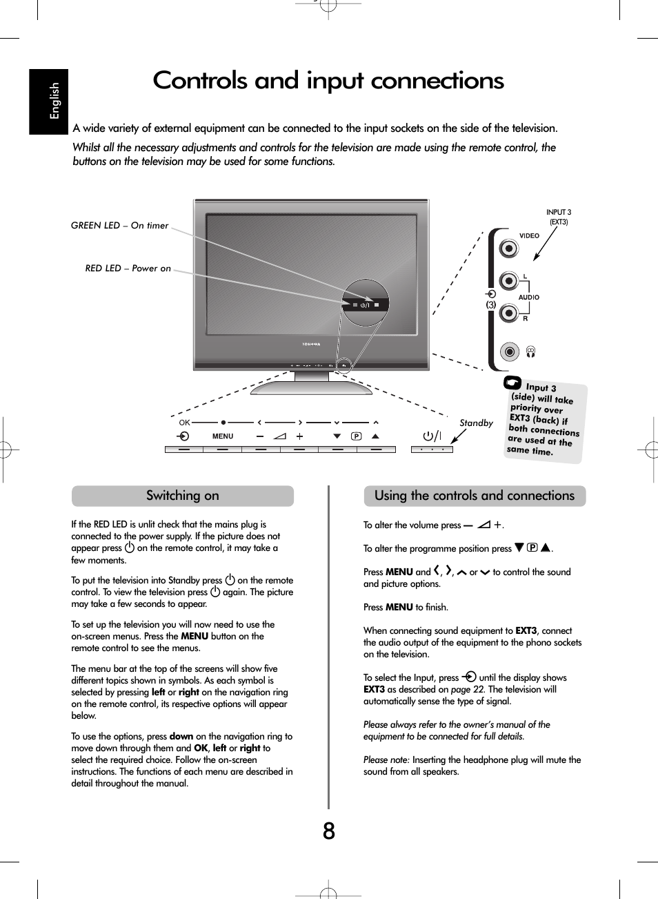 Controls and input connections | Toshiba WL67 User Manual | Page 8 / 28