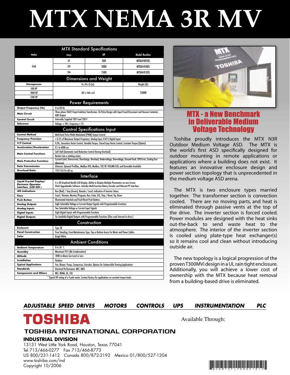 Mtx nema 3r mv, Toshiba, Toshiba international corporation | Industrial division, Available through | Toshiba MTX NEMA 3R MV User Manual | Page 2 / 2