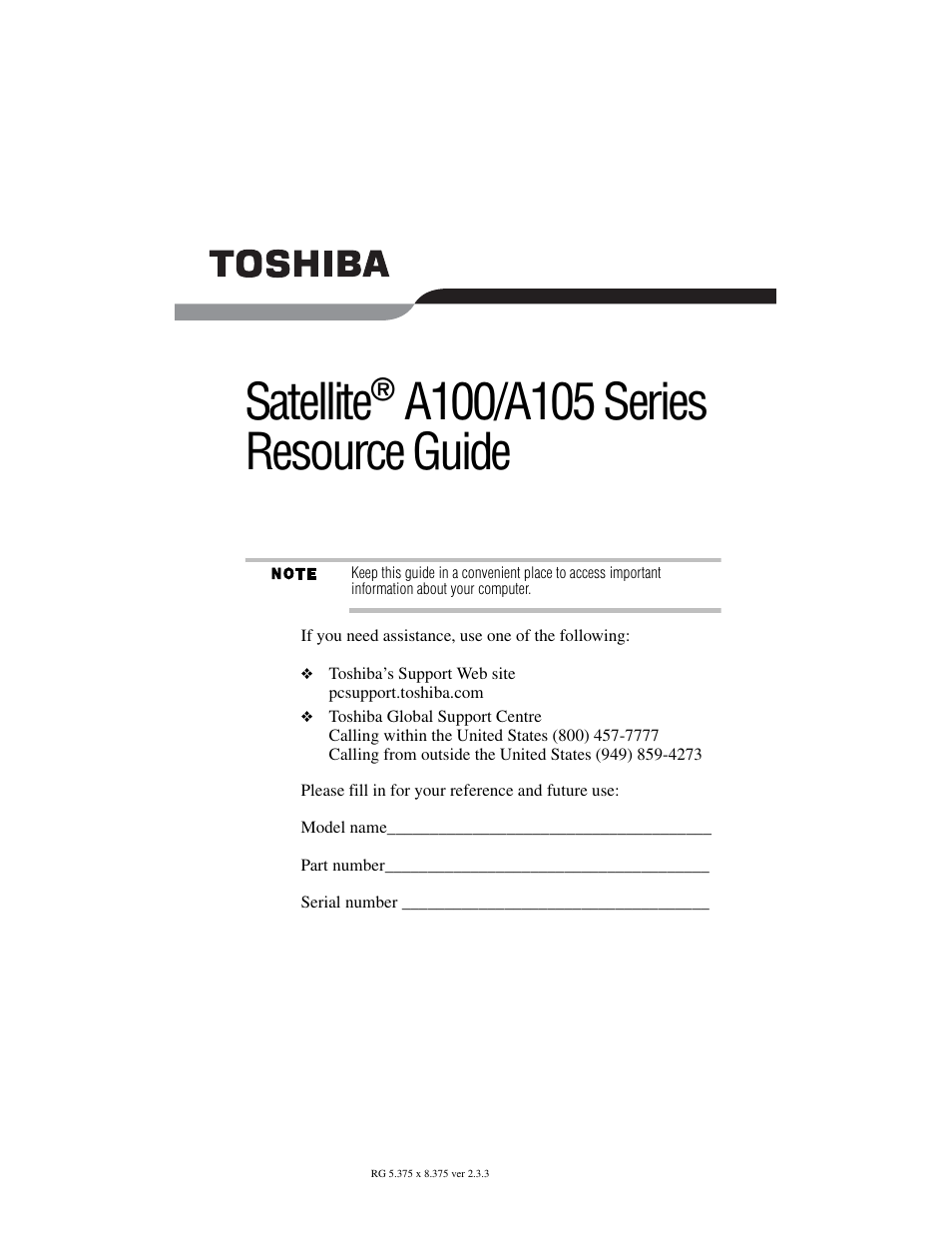 Toshiba Satellite A100/A105 User Manual | 72 pages