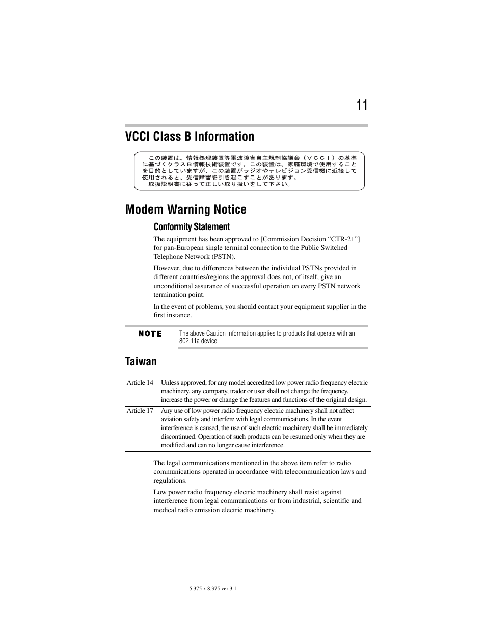 Vcci class b information modem warning notice, Taiwan | Toshiba Satellite A100/A105 User Manual | Page 11 / 72