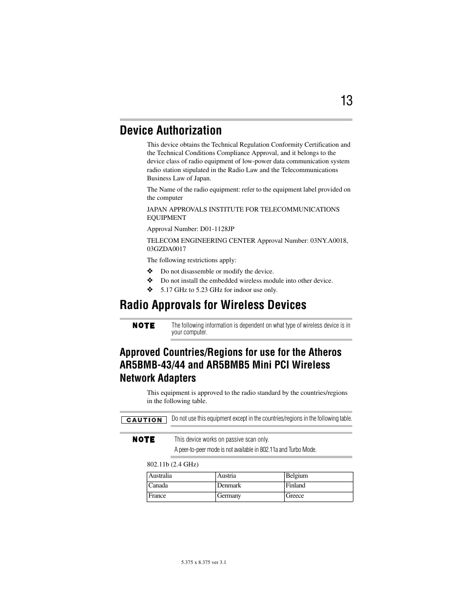 Device authorization, Radio approvals for wireless devices | Toshiba Satellite A100/A105 User Manual | Page 13 / 72