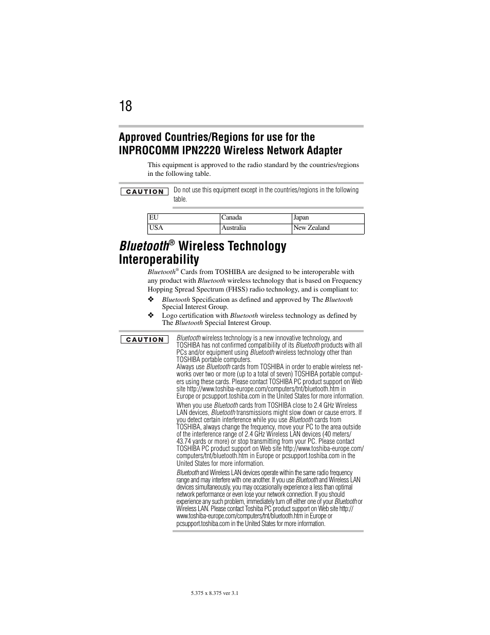 Bluetooth, Wireless technology interoperability | Toshiba Satellite A100/A105 User Manual | Page 18 / 72