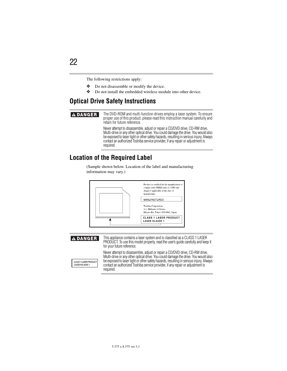 Optical drive safety instructions, Location of the required label | Toshiba Satellite A100/A105 User Manual | Page 22 / 72