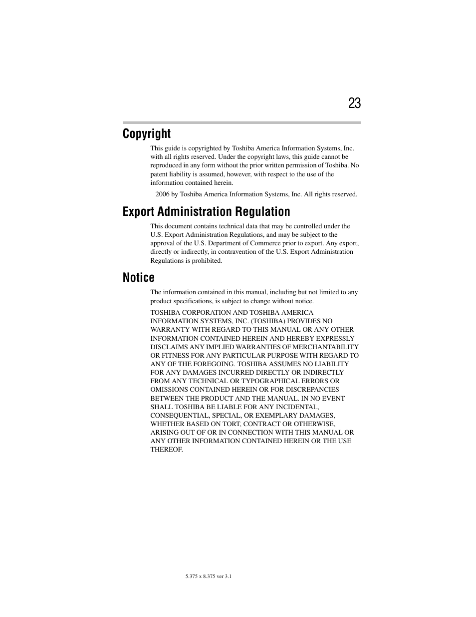 Copyright, Export administration regulation, Notice | Toshiba Satellite A100/A105 User Manual | Page 23 / 72