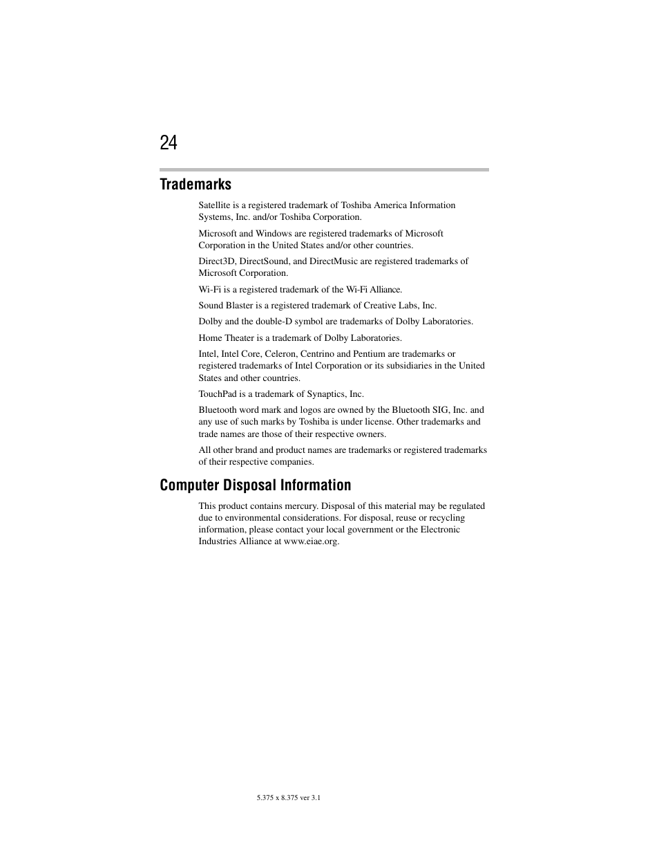 Trademarks, Computer disposal information | Toshiba Satellite A100/A105 User Manual | Page 24 / 72