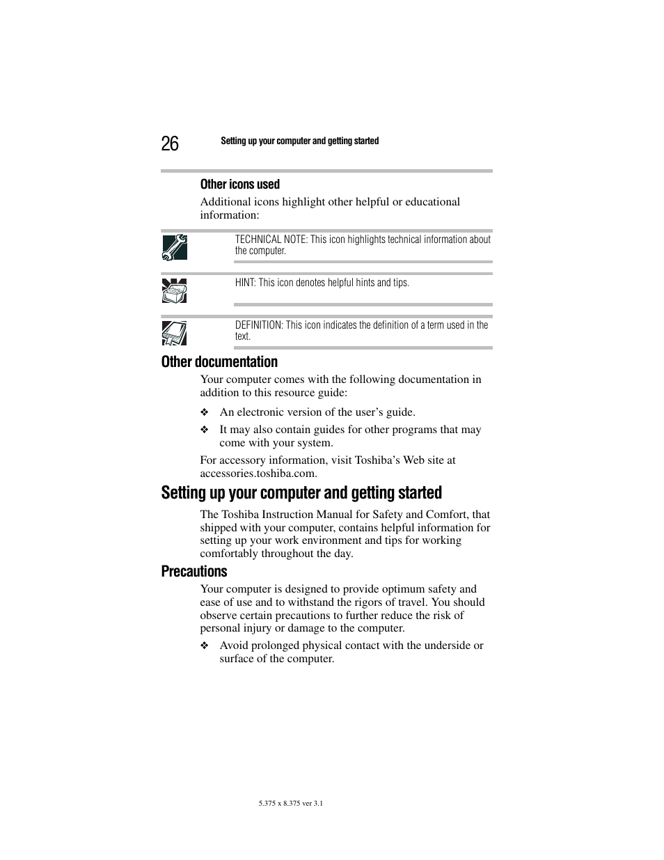 Other documentation, Setting up your computer and getting started, Precautions | Toshiba Satellite A100/A105 User Manual | Page 26 / 72