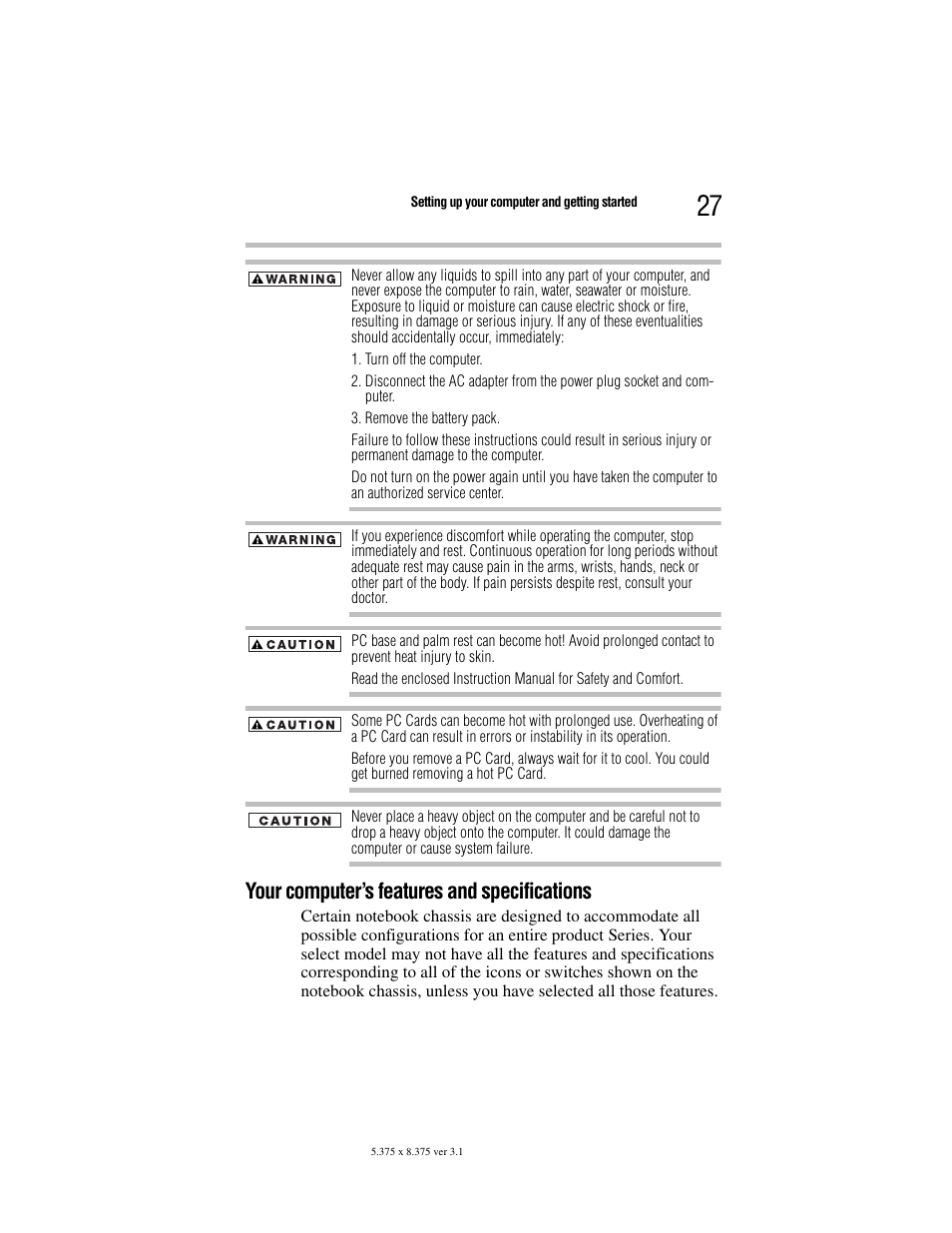 Your computer’s features and specifications | Toshiba Satellite A100/A105 User Manual | Page 27 / 72