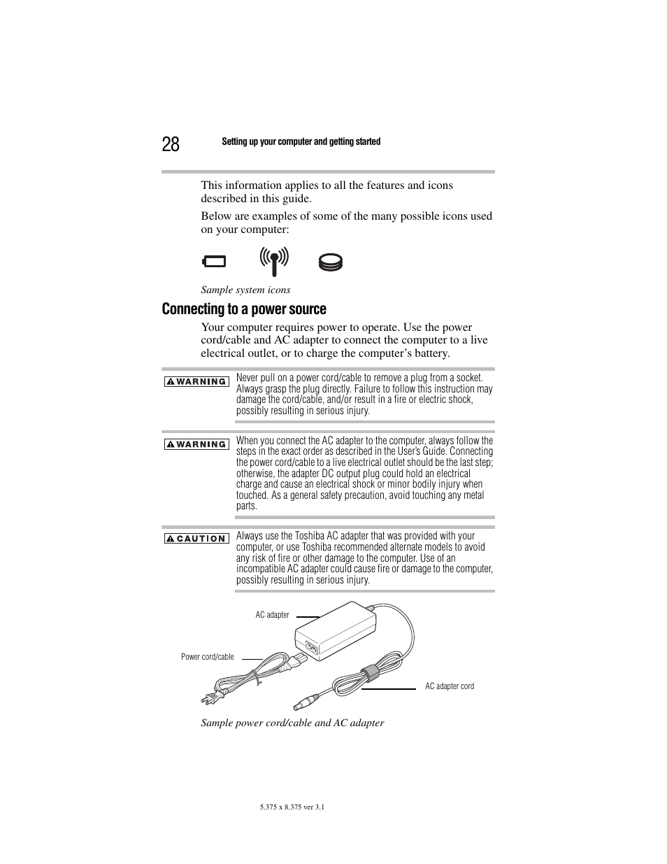 Connecting to a power source | Toshiba Satellite A100/A105 User Manual | Page 28 / 72