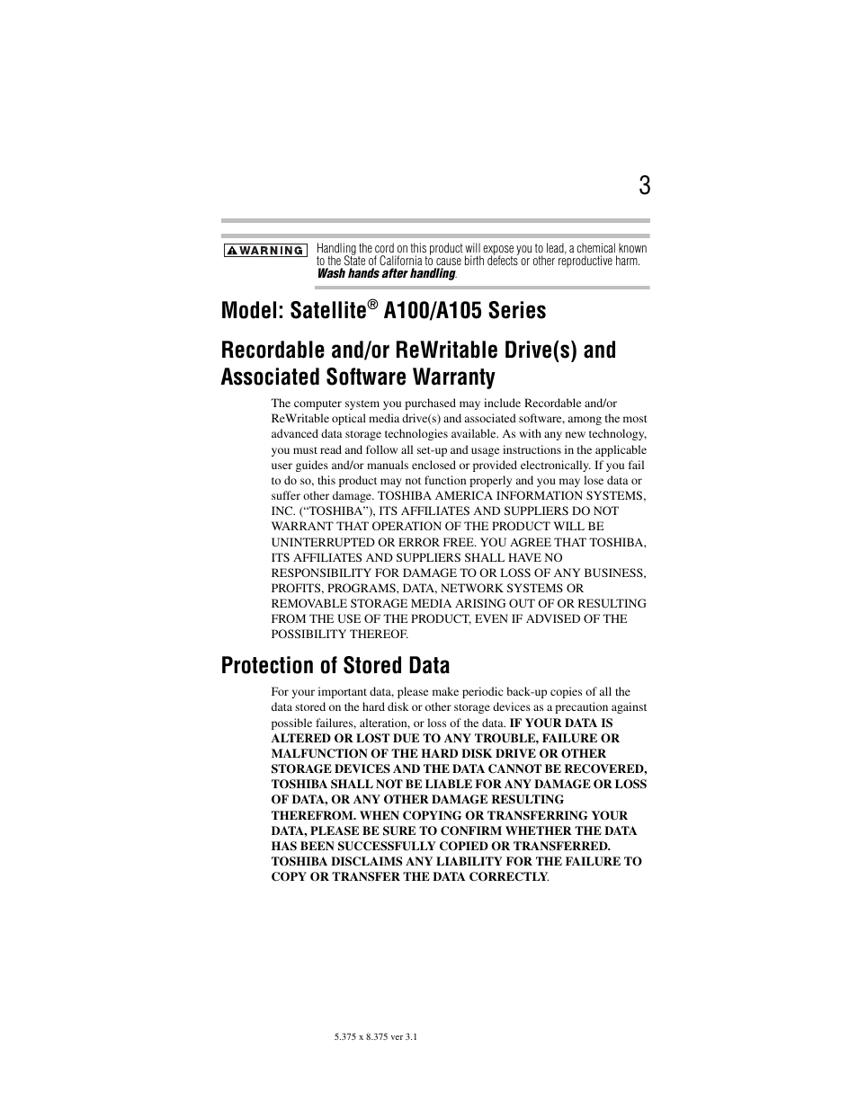 Model: satellite, Protection of stored data | Toshiba Satellite A100/A105 User Manual | Page 3 / 72