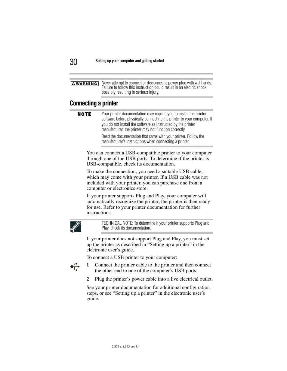 Connecting a printer | Toshiba Satellite A100/A105 User Manual | Page 30 / 72