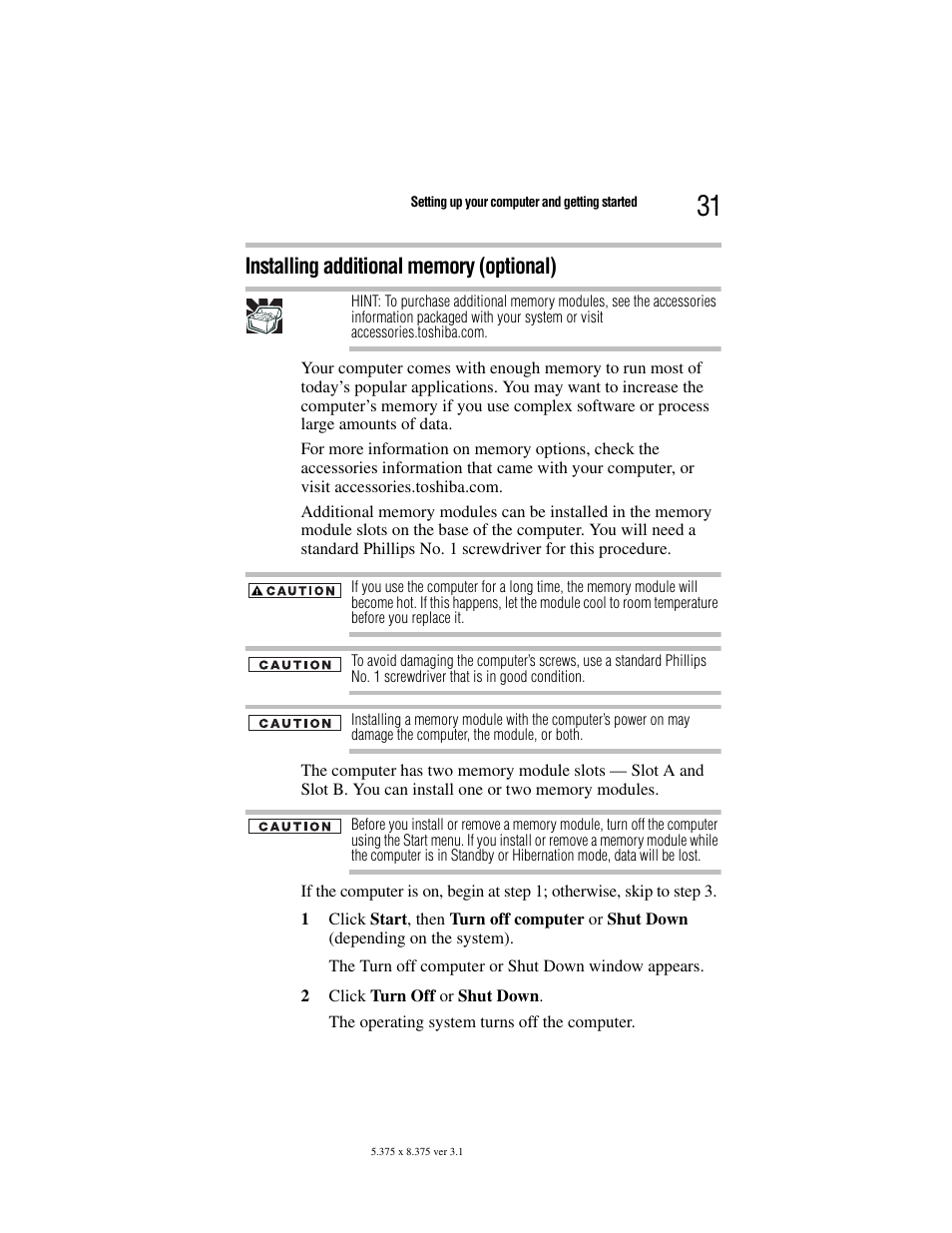 Installing additional memory (optional) | Toshiba Satellite A100/A105 User Manual | Page 31 / 72