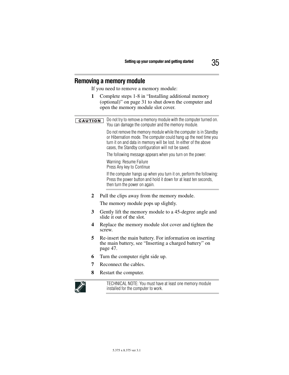 Removing a memory module | Toshiba Satellite A100/A105 User Manual | Page 35 / 72