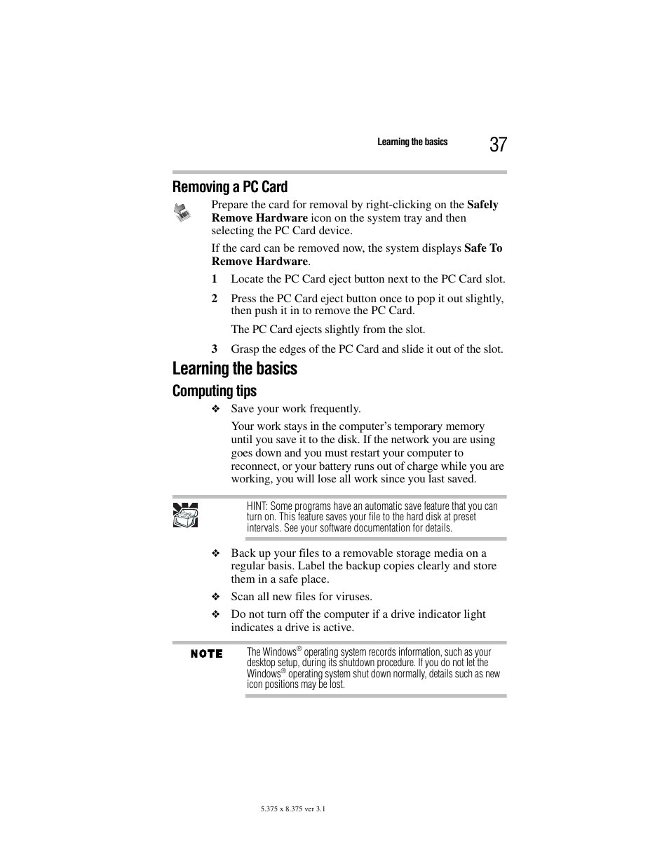 Removing a pc card, Learning the basics, Computing tips | Toshiba Satellite A100/A105 User Manual | Page 37 / 72