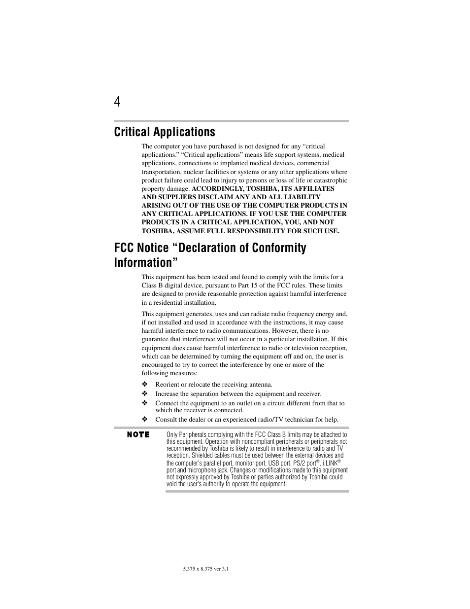 Critical applications, Fcc notice “declaration of conformity information | Toshiba Satellite A100/A105 User Manual | Page 4 / 72