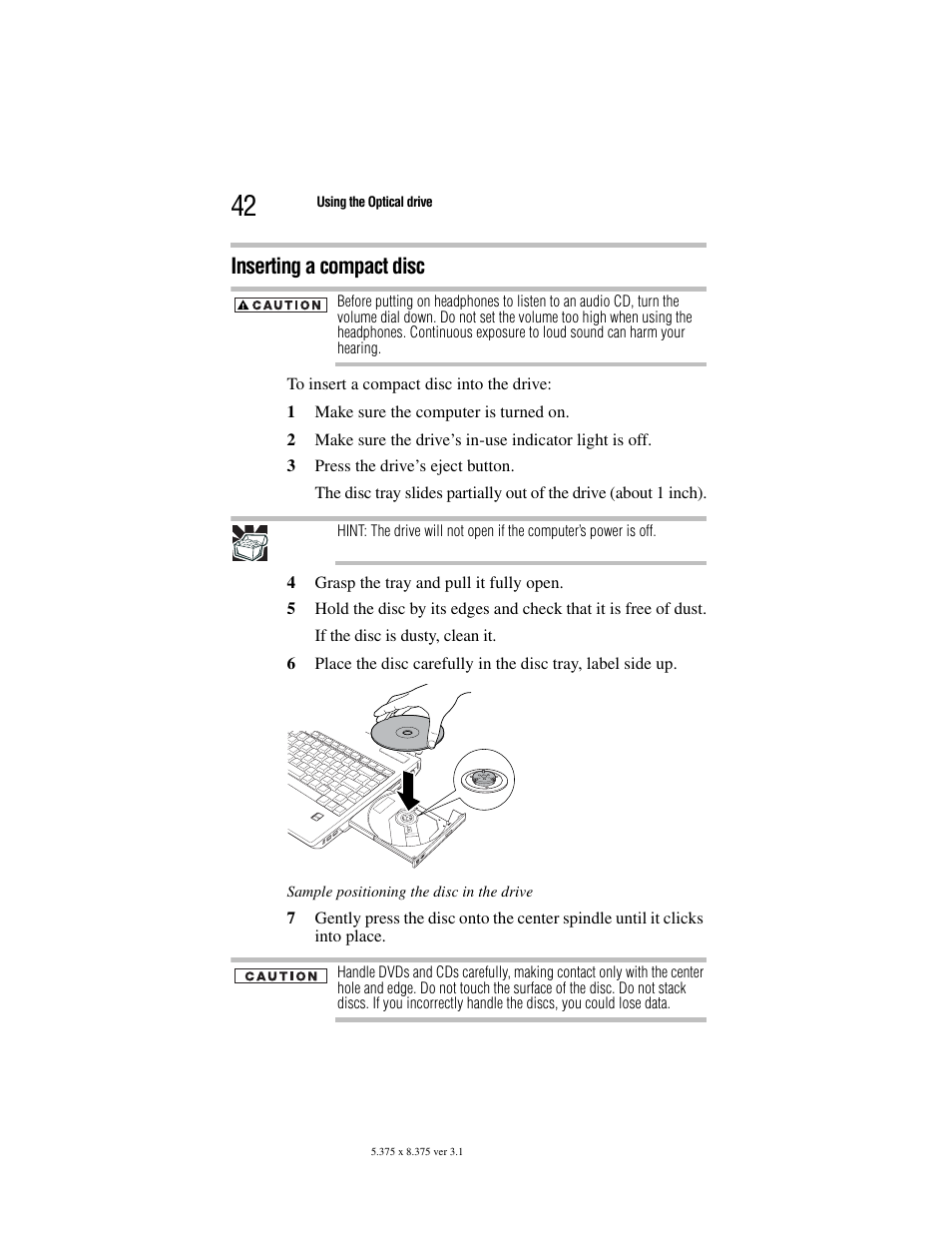 Inserting a compact disc | Toshiba Satellite A100/A105 User Manual | Page 42 / 72