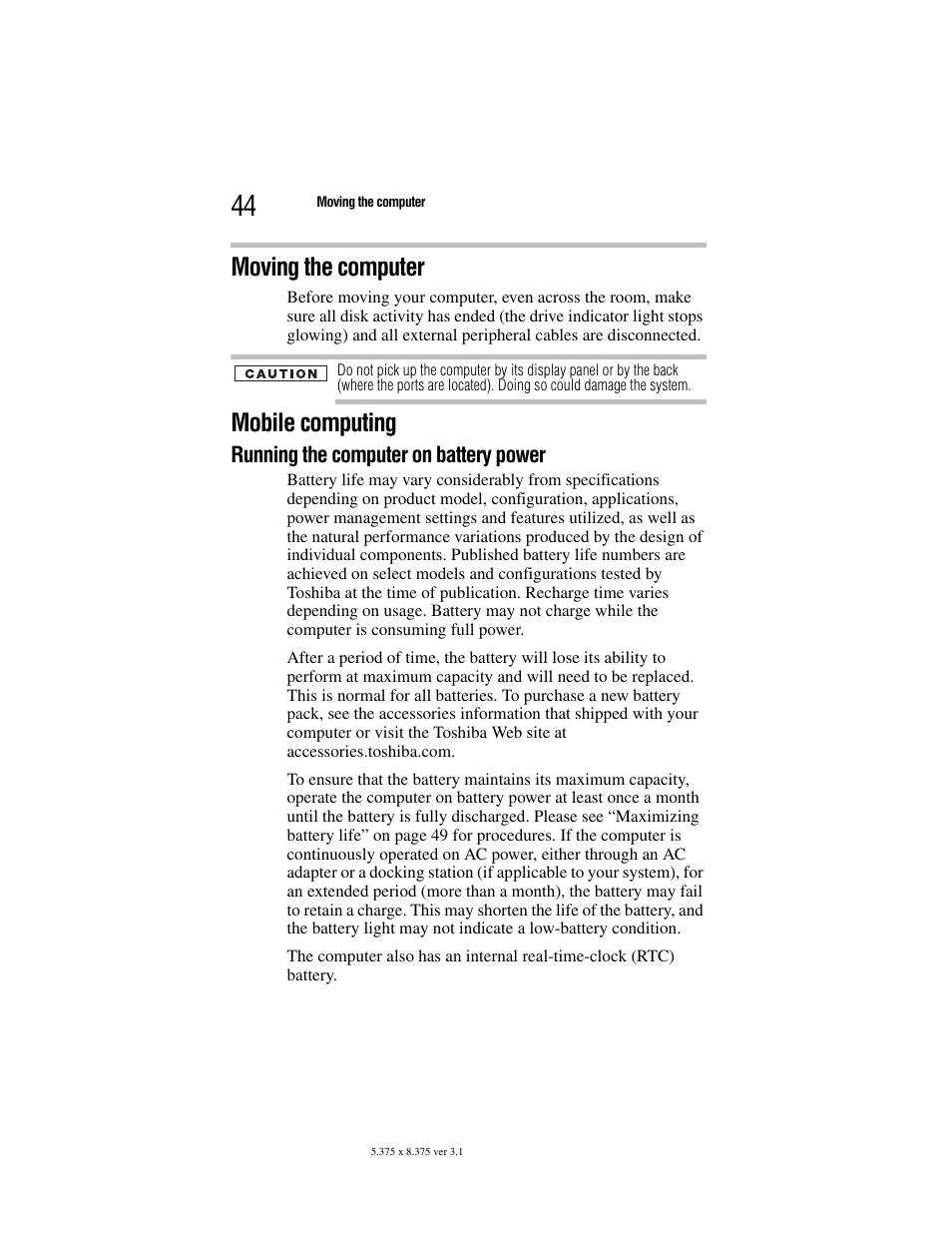 Moving the computer, Mobile computing, Running the computer on battery power | Toshiba Satellite A100/A105 User Manual | Page 44 / 72