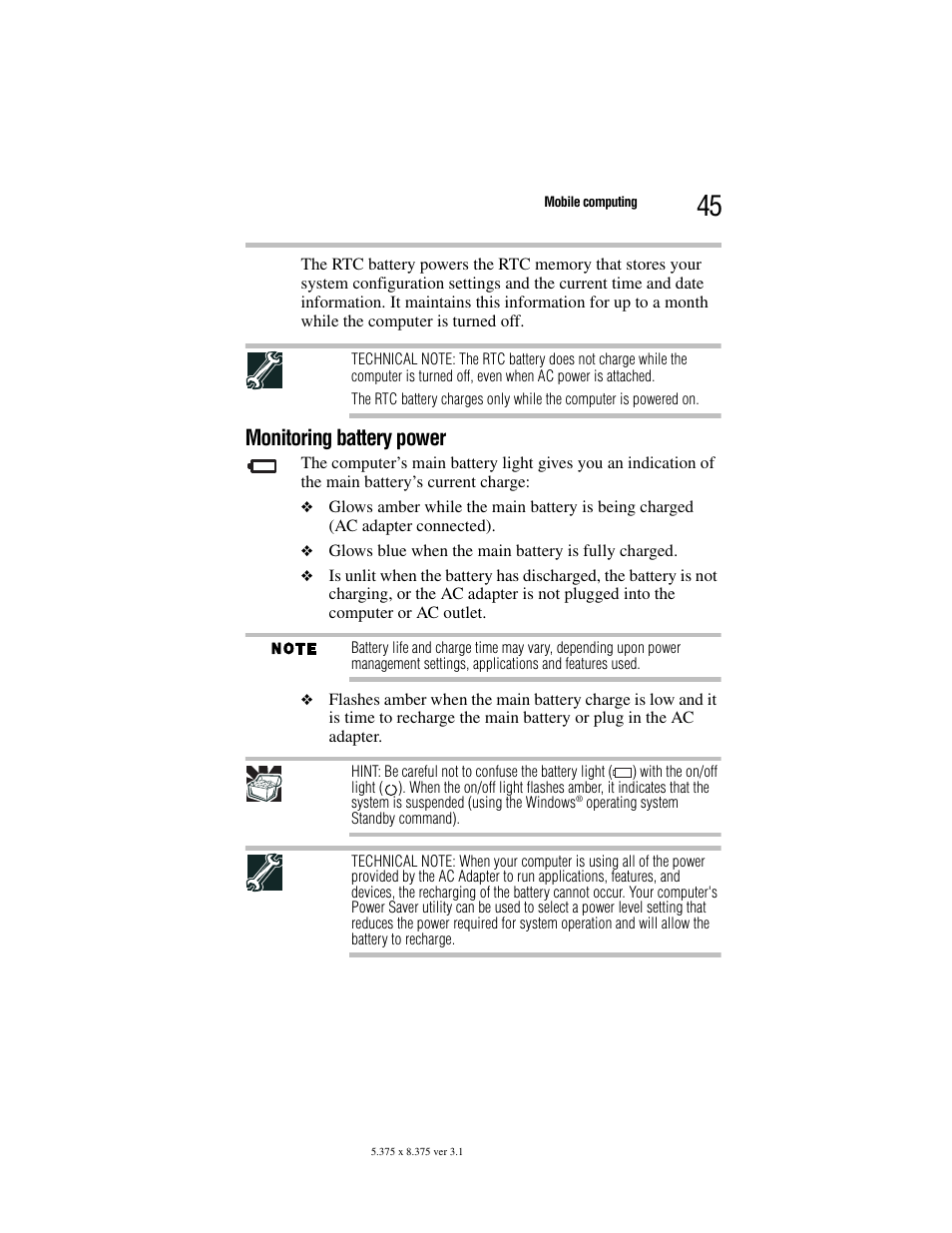 Monitoring battery power | Toshiba Satellite A100/A105 User Manual | Page 45 / 72