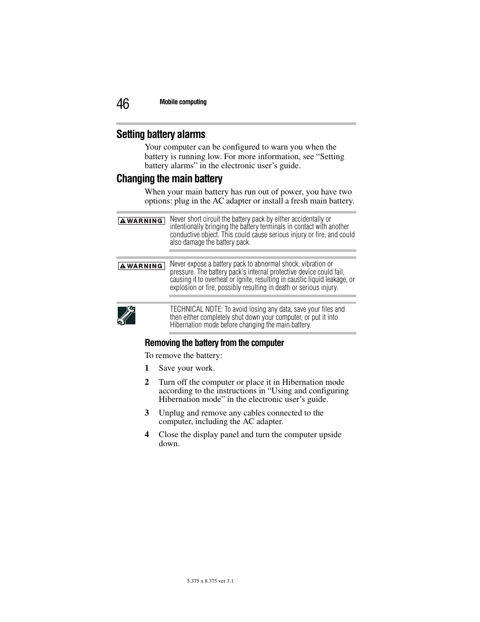 Setting battery alarms, Changing the main battery | Toshiba Satellite A100/A105 User Manual | Page 46 / 72