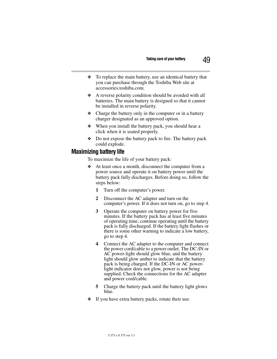 Maximizing battery life | Toshiba Satellite A100/A105 User Manual | Page 49 / 72