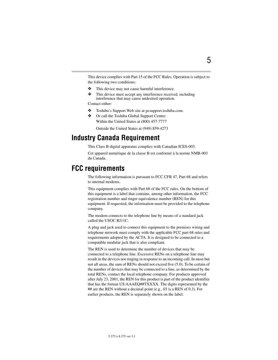 Industry canada requirement, Fcc requirements | Toshiba Satellite A100/A105 User Manual | Page 5 / 72