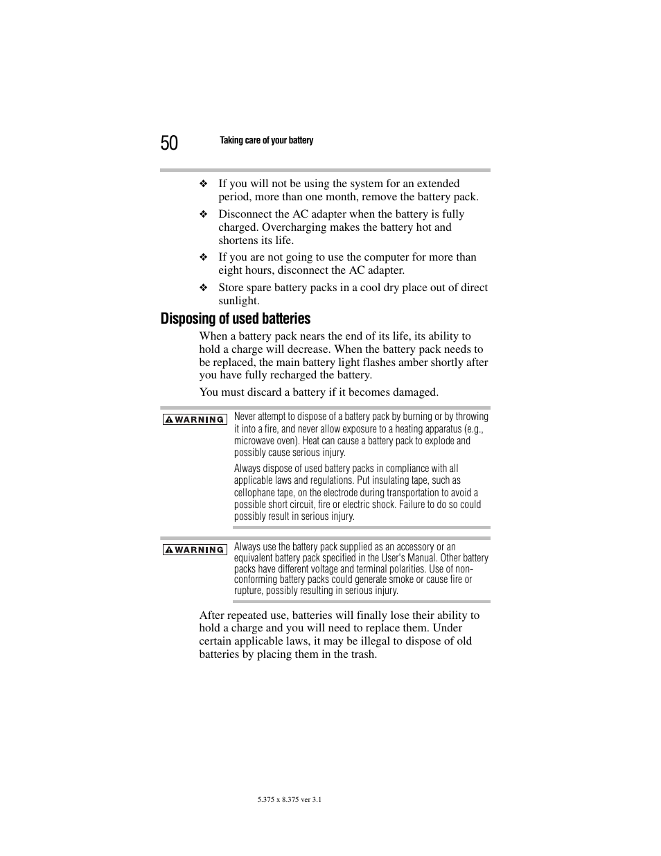 Disposing of used batteries | Toshiba Satellite A100/A105 User Manual | Page 50 / 72