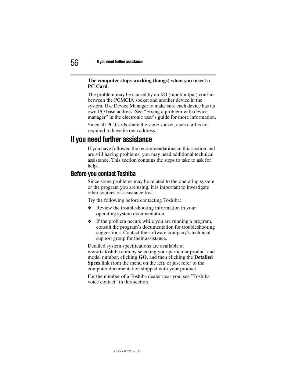 If you need further assistance, Before you contact toshiba | Toshiba Satellite A100/A105 User Manual | Page 56 / 72