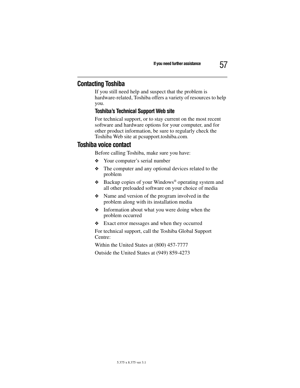 Contacting toshiba, Toshiba voice contact | Toshiba Satellite A100/A105 User Manual | Page 57 / 72