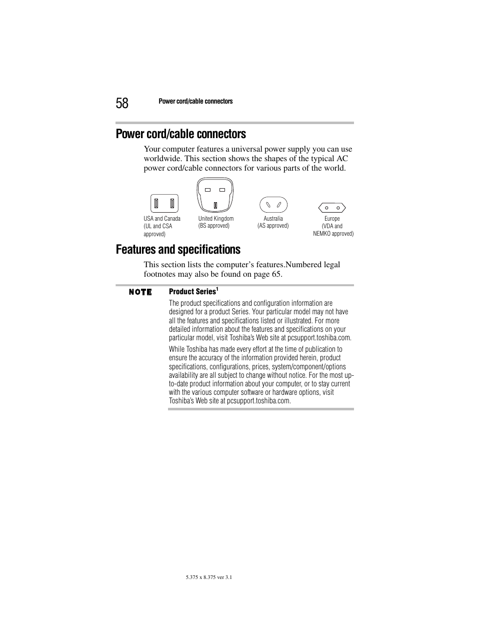 Power cord/cable connectors, Features and specifications | Toshiba Satellite A100/A105 User Manual | Page 58 / 72