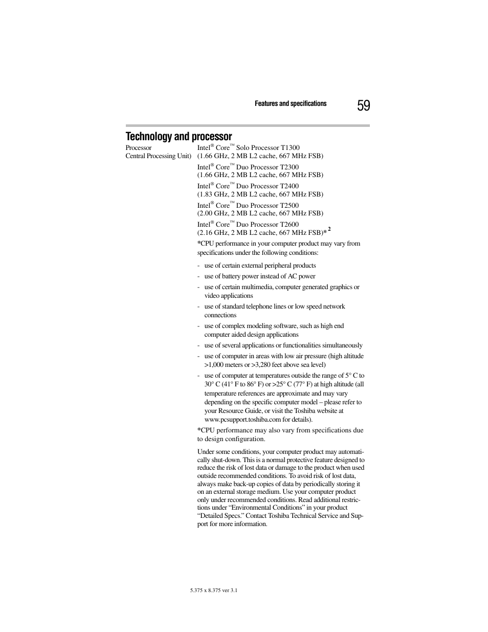 Technology and processor | Toshiba Satellite A100/A105 User Manual | Page 59 / 72