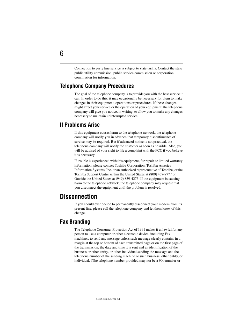 Disconnection, Telephone company procedures, If problems arise | Fax branding | Toshiba Satellite A100/A105 User Manual | Page 6 / 72