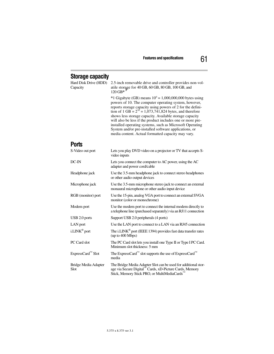 Storage capacity, Ports, Storage capacity ports | Toshiba Satellite A100/A105 User Manual | Page 61 / 72