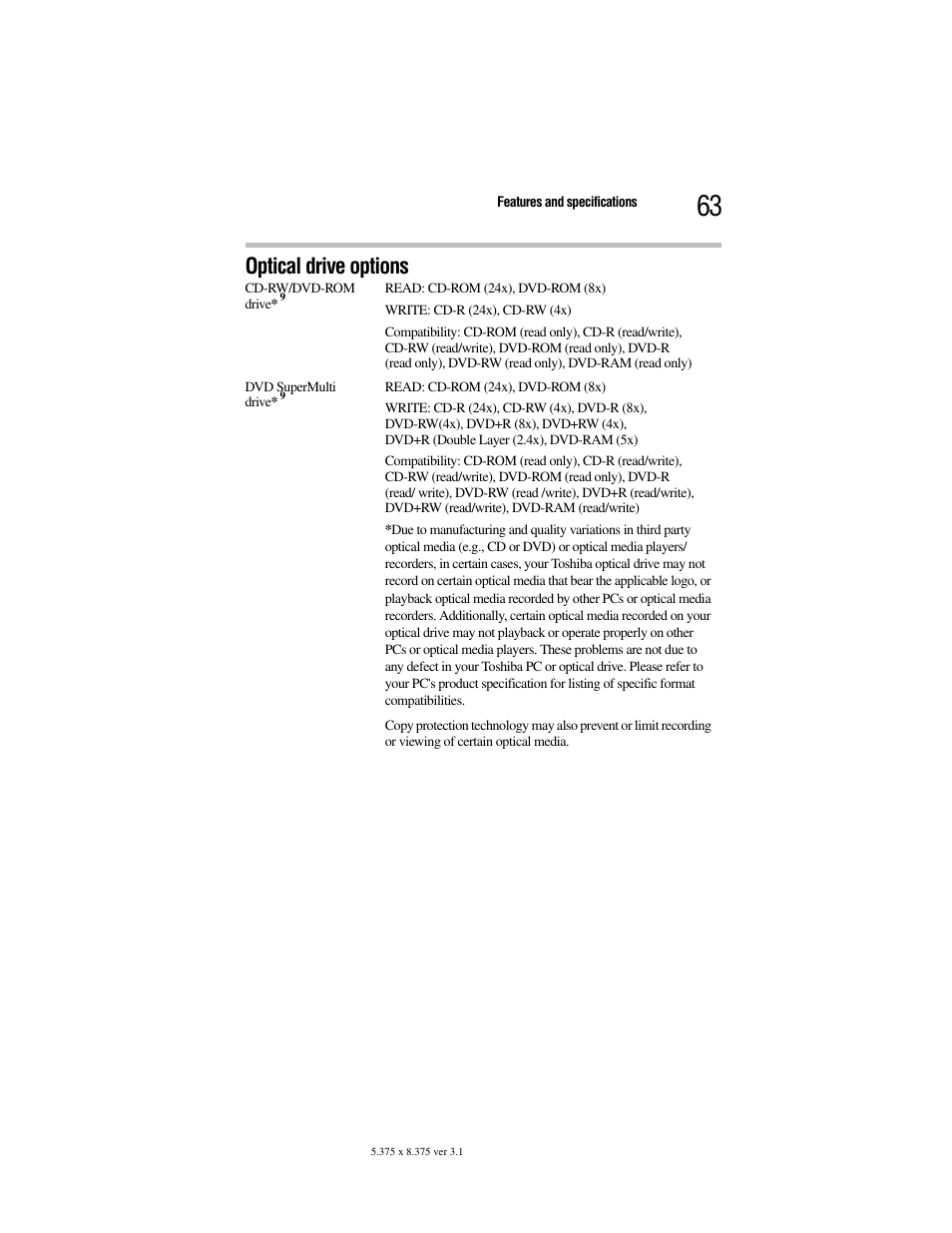 Optical drive options | Toshiba Satellite A100/A105 User Manual | Page 63 / 72