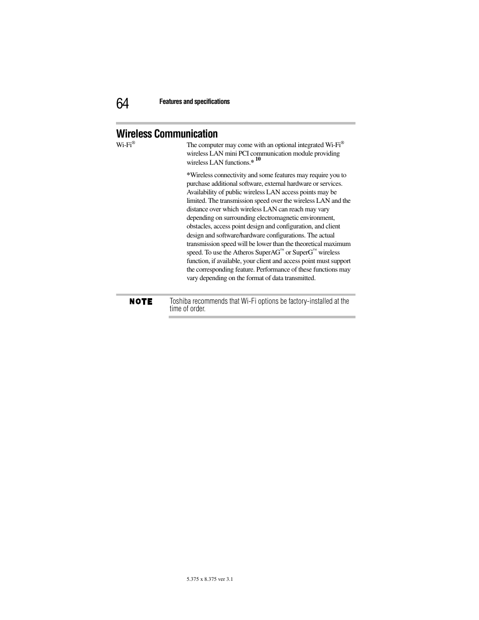 Wireless communication | Toshiba Satellite A100/A105 User Manual | Page 64 / 72