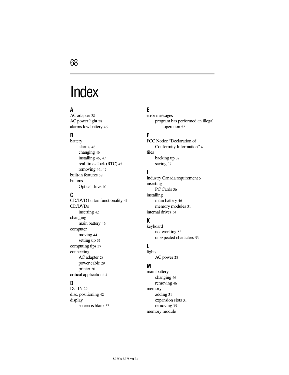 Index | Toshiba Satellite A100/A105 User Manual | Page 68 / 72