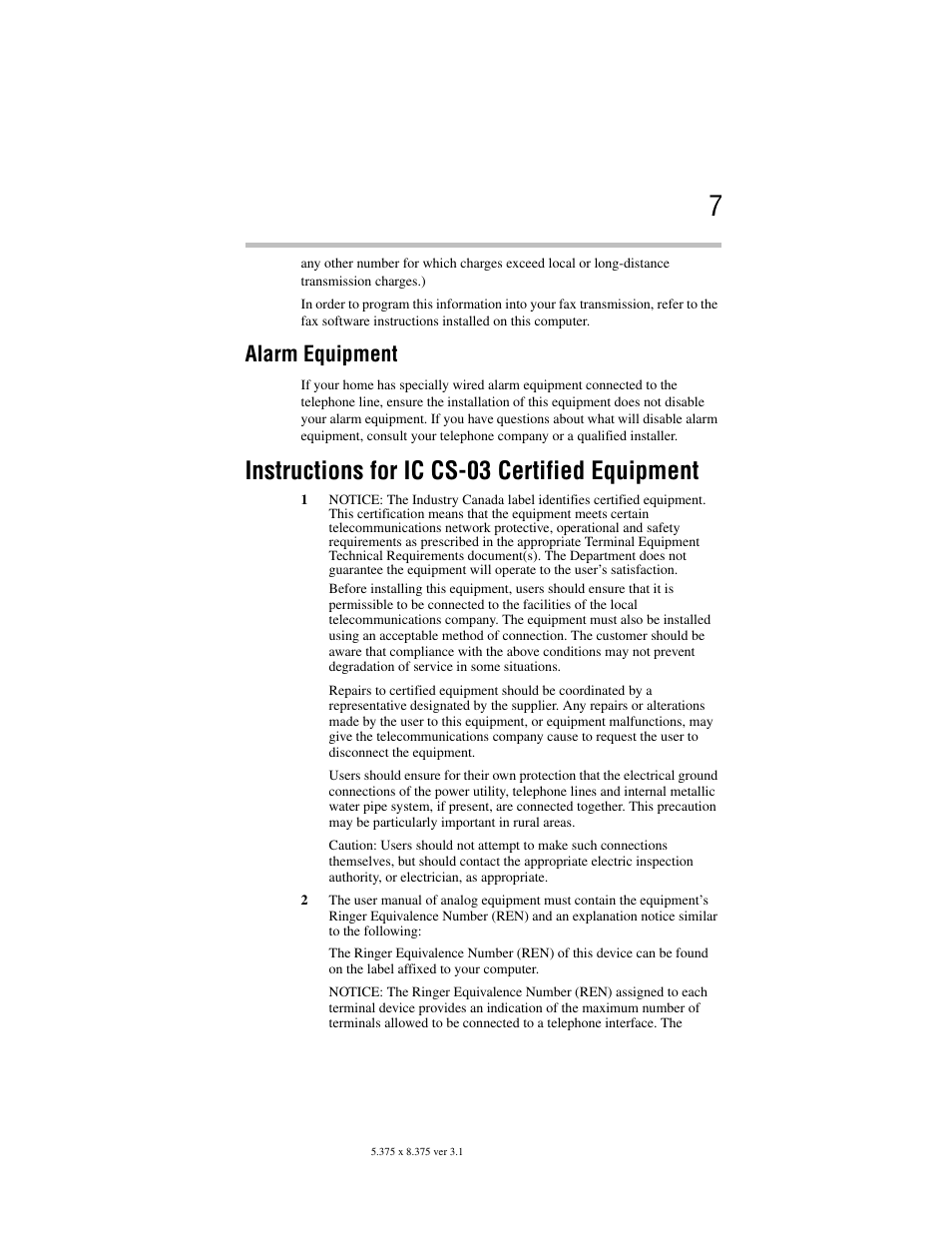 Instructions for ic cs-03 certified equipment, Alarm equipment | Toshiba Satellite A100/A105 User Manual | Page 7 / 72