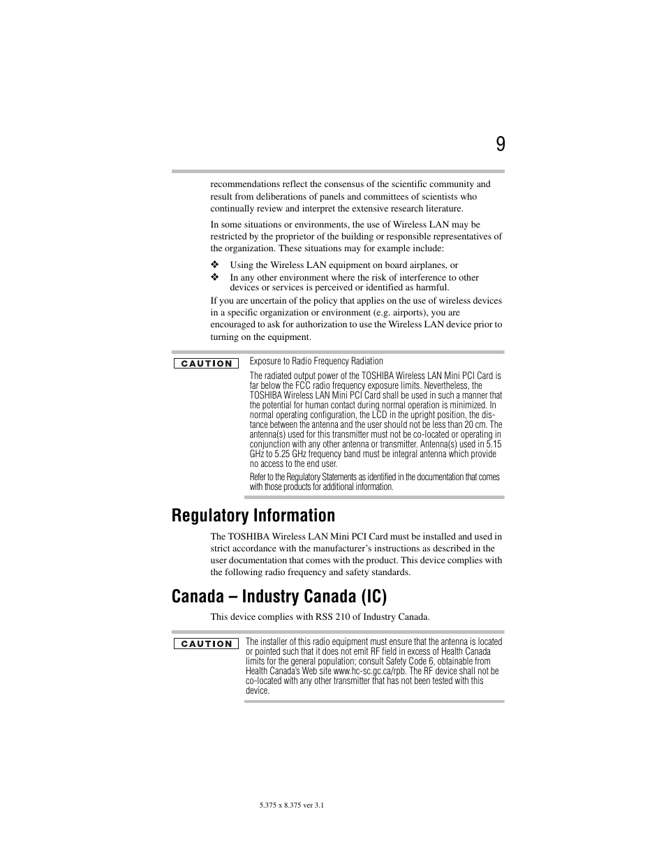 Regulatory information, Canada – industry canada (ic) | Toshiba Satellite A100/A105 User Manual | Page 9 / 72