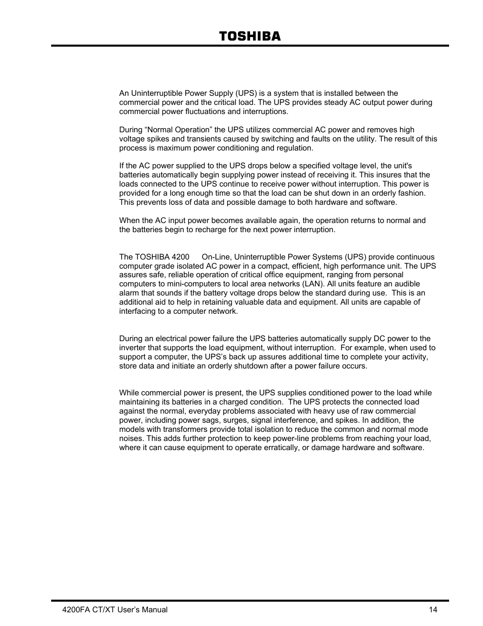 0 product description, 1 theory of operation, 2 application and use | 3 power backup, 4 power conditioning, Theory of operation, Application and use, Power backup, Power conditioning, Toshiba | Toshiba 4200FA CT/XT User Manual | Page 15 / 68