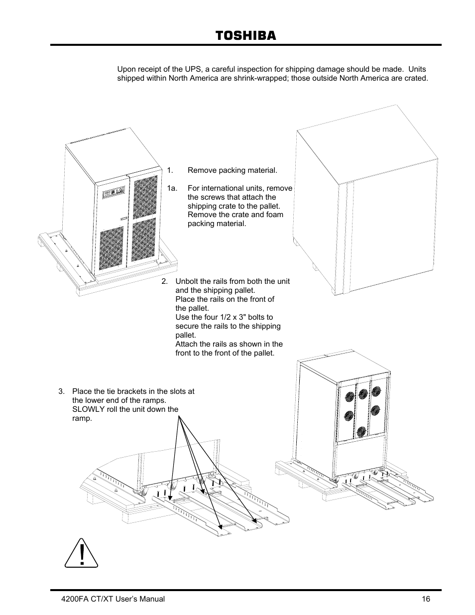 2 unpacking the new ups equipment 50 kva, 3 inspection of the new ups equipment, Unpacking the new ups equipment 50 kva | Danger, Toshiba | Toshiba 4200FA CT/XT User Manual | Page 17 / 68