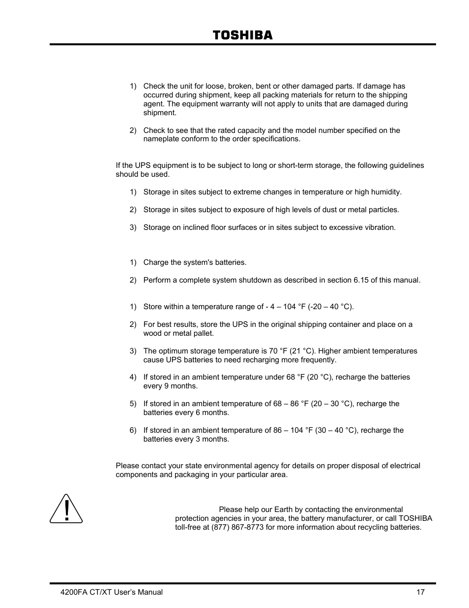 4 storage of ups equipment, 5 disposal, Inspection of the new ups equipment | Storage of ups equipment, Disposal, Attention, Toshiba | Toshiba 4200FA CT/XT User Manual | Page 18 / 68