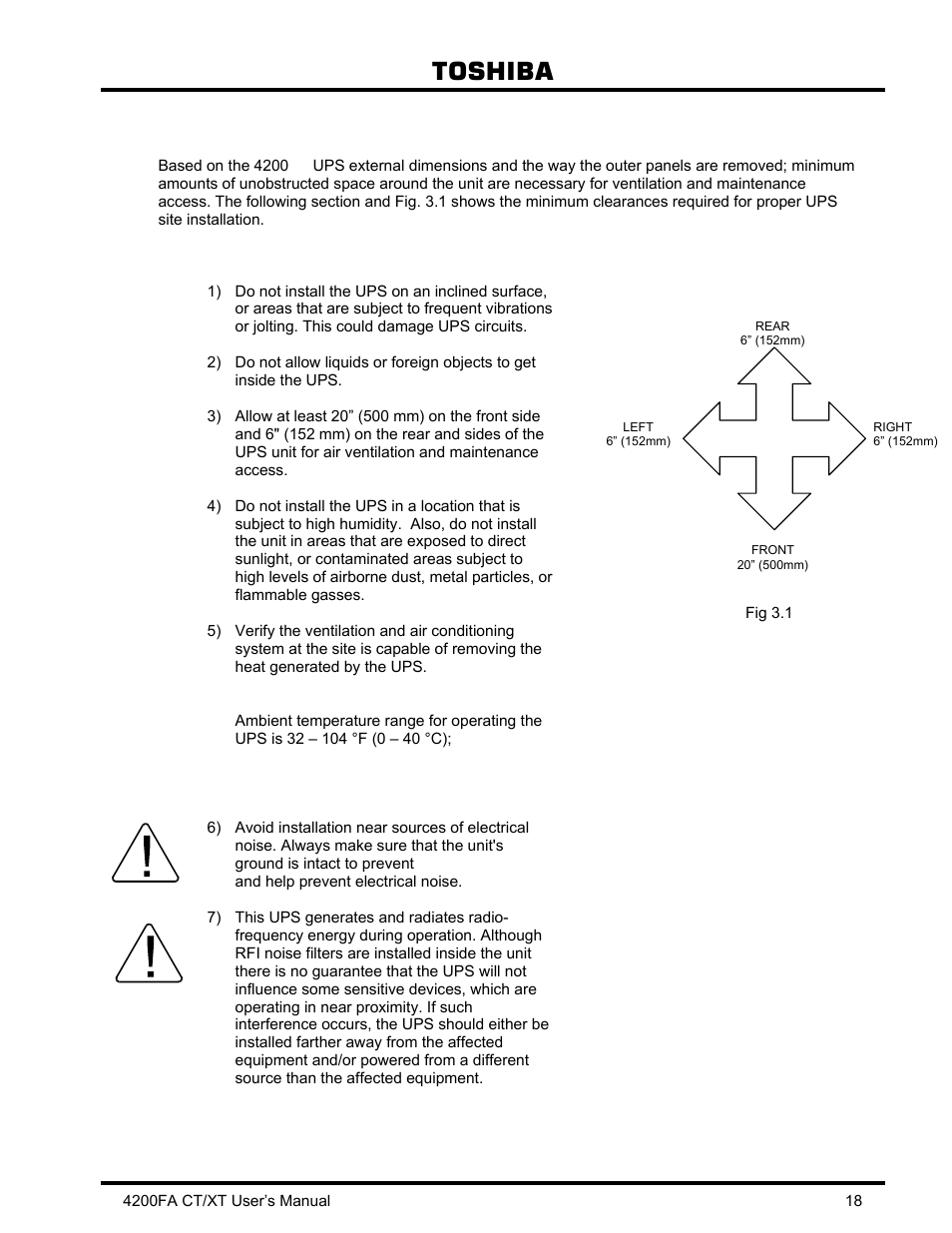 0 installation precautions, 1 equipment placement, Equipment placement | Toshiba | Toshiba 4200FA CT/XT User Manual | Page 19 / 68