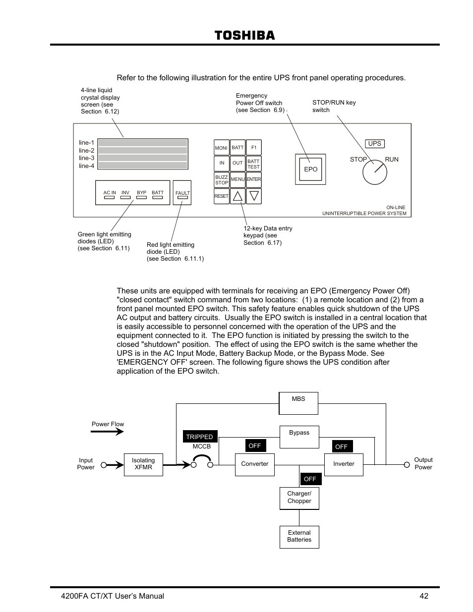 8 front panel layout (all units), 9 epo (emergency power off) function, Front panel layout (all units) | Epo (emergency power off) function, Toshiba | Toshiba 4200FA CT/XT User Manual | Page 43 / 68