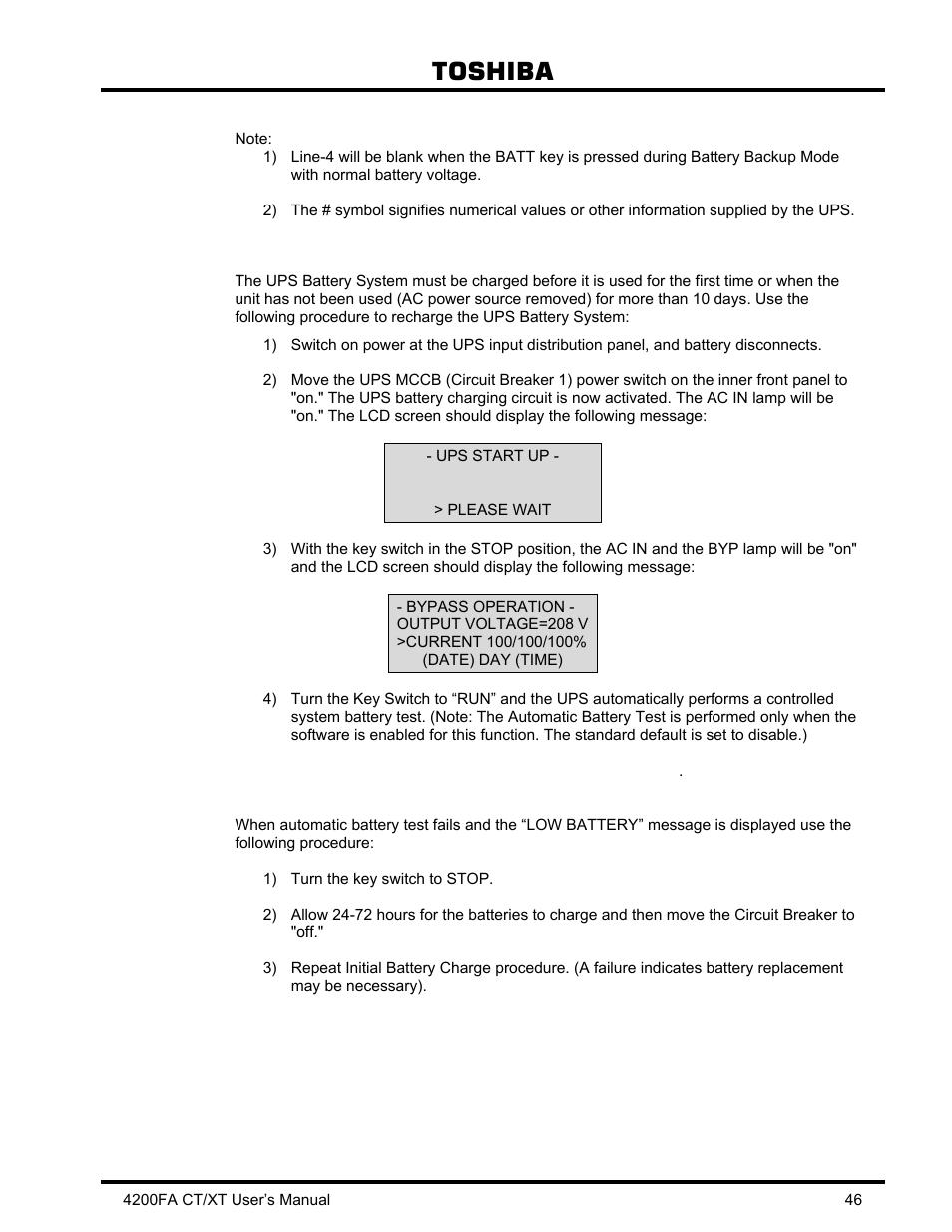 13 initial battery charge, Initial battery charge, Toshiba | Toshiba 4200FA CT/XT User Manual | Page 47 / 68