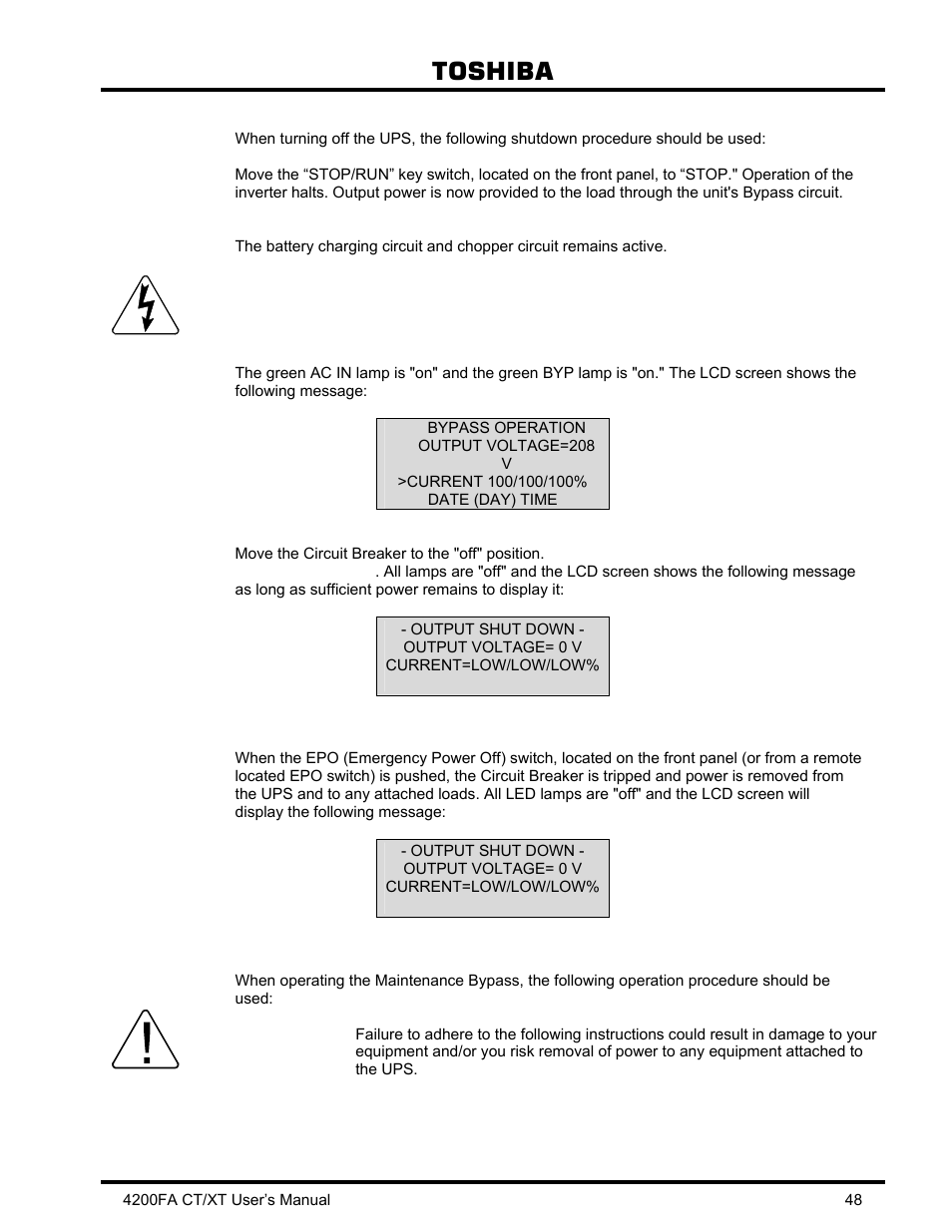 15 shutdown procedure, 16 maintenance bypass procedure, Shutdown procedure | Maintenance bypass procedure, Danger, Warning, Toshiba | Toshiba 4200FA CT/XT User Manual | Page 49 / 68